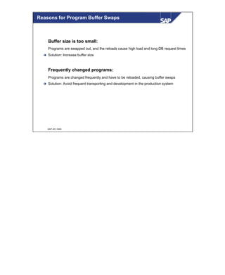 © SAP AG 1999
Buffer size is too small:
Programs are swapped out, and the reloads cause high load and long DB request times
è Solution: Increase buffer size
Frequently changed programs:
Programs are changed frequently and have to be reloaded, causing buffer swaps
è Solution: Avoid frequent transporting and development in the production system
Reasons for Program Buffer Swaps
 
