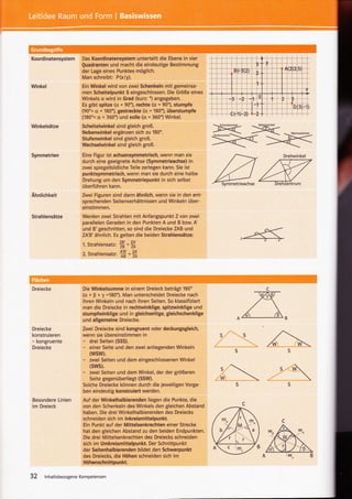 Koordinatensystem    Das Koordinatensystem unterteilt die Ebene in vier
                     Quadranten und macht die eindeutige Bestimmung
                     der Lage eines Punktes möglich.
                     Man schreibt: P(xly).
Winkel               Ein Winkel wird von zwei Schenkeln mit gemeinsa-
                     men Scheitelpunkt S eingeschlossen. Die Größe eines
                                                     o)
                     Winkels q wird in Grad (kurz:      angegeben.
                     Es gibt spitze (q < 90"), rechte (q = 90'), stumpfe
                     (90'< q < 180"» gestreckte (q = 180"), überstumpfe
                     (180o< a . 360') und volle (cx = 360') Winkel.

Winkelsätze          Scheitelwinkel sind gleich groß.
                     Nebenwinkel ergänzen sich zu'180'.
                     Stufenwinkel sind gleich groß.
                     Wechselwinkel sind gleich groß.

Symmetrien           Eine Figur ist achsensymmetrisch, wenn man sie
                     durch eine geeignete Achse (Symmetrieachse) in
                     zwei spiegelbildliche Teile zerlegen kann. Sie ist
                     punktsymmetrisch, wenn man sie durch eine halbe
                     Drehung um den Symmetriepunkt in sich selbst
                     übedühren kann.
Ahnlichkeit          Zwei Figuren sind dann ähnlich, wenn sie in den ent-
                     sprechenden Seitenverhältnissen und Winkeln über-
                     einstimmen.
Strahlensätze        Werden zwei Strahlen mit Anfangspunkt Z von zwei
                     parallelen Geraden in den Punkten A und B bzw. A
                     und B'geschnitten, so sind die Dreiecke ZAB und
                     ZAB'ähnlich. Es gelten die beiden Strahlensätze:
                      1.   Strahlensatr,   '# =#
                      2. Strahlensatr,     #   ='Ä




Dreiecke              Die Winkelsumme in einem Dreieck beträgt 180'
                      (a + p + y =180'). Man unterscheidet Dreiecke nach
                      ihren Winkeln und nach ihren Seiten. So klassifiziert
                      man die Dreiecke in rechtwinklige, spitzwinklige und
                      stumpfwinklige und in gleichseitige, gleichschenklige
                      und allgemeine Dreiecke.
Dreiecke
konstruieren
- kongruente
                      Zwei Dreiecke sind kongruent oder deckungsgleich,
                      wenn sie übereinstimmen in
                      - drei Seiten (SSS).
                                                                              ss1
Dreiecke              - einer Seite und den zwei anliegenden Winkeln
                           (wsw).
                      -    zwei Seiten und dem eingeschlossenen Winkel
                           (sws).
                      -  zwei Seiten und dem Winkel, der der größeren
                                                                              S           t
                         Seite gegenüberliegt (SSW).                          W   
                      Solche Dreiecke können durch die jeweiligen Vorga-              S
                      ben eindeutig konstruiert werden.
Besondere Linien      Auf der Winkelhalbierenden liegen die Punkte, die
im Dreieck            von den Schenkeln des Winkels den gleichen Abstand
                      haben. Die drei Winkelhalbierenden des Dreiecks
                      schneiden sich im lnkreismittelpunkt.
                      Ein Punkt auf der Mittelsenkrechten einer Strecke
                      hat den gleichen Abstand zu den beiden Endpunkten.
                      Die drei Mittelsenkrechten des Dreiecks schneiden
                      sich im Umkreismittelpunkt. Der Schnittpunkt
                      der Seitenhalbierenden bildet den Schwerpunkt
                      des Dreiecks, die Höhen schneiden sich im
                      Höhenschnittpunkt.

32   Inhaltsbezogene Kompetenzen
 