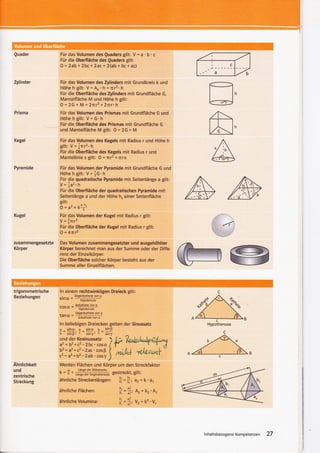 Für das Volumen des Quaders gilt: V = a                 'b   .c
                   Für die Oberfläche des Quaders gilt:
                   0 = 2ab + 2bc + 2ac = 2(ab + bc+ ac)                                              c

                                                                                              a




                                                                                            E
Zylinder           Filr das Volumen des Zylinders mit Grundkreis k und
                   Höhe h gilt: Y = Ak. h = TIr2. h
                   Für die Oberfläche des Zylinders mit Grundfläche G,
                   Mantelfläche M und Höhe h gilt:
                   O=2G +M=2nr2+2nr.h




                                                                                            fr
Prisma             FüY  das Volumen des Prismas mit Grundfläche G und
                   Höhe h gilt: V = G.h
                   fiii die Oberfläche des Prismas mit Grundfläche G
                   und Mantelfläche M gilu O = 2G + M

Kegel              Für das Volumen des Kegels               mit Radius r und Höhe

                                                                                            'A
                                                                                      h
                   gilt: V={nr2.h



Pyramide
                   Für die Oberfläche des Kegels mit Radius r und
                   Mantellinie s gilt: 0 = TIr2 + rlrs

                   Für das Volumen der foramide mit Grundfläche G und
                                                                                             @
                   Höhehgilt: V=lG.h
                   Für die quadratische hyramide mit Seitenlänge a gilt:
                   V = Ja2. tr
                   Für die Oberfläche der quadratischen Pyramide mit
                   Seitenlänge a und der Höhe h, einer Seitenfläche
                   eilt:
                   ö=a'*a*
Kugel              Für das Volumen der Kugel               mit Radius r gilt:
                   V=fn13
                   Für die Obedläche der Kugel               mit Radius r gilt:
                   O*4nl
zusammengesetzte   Das Volumen zusammengesetzter und ausgehöhlter
Körper             Körper berechnet man aus der Summe oder der Diffä-
                   renz der Einzelkörper.
                   Die Oberfläche solcher Körper besteht aus der
                   Summe aller Einzelflächen.




trigonometrische   ln einem rechtwinkligen Dreieck gilt:
                       .     Gesenkathete von q
Beziehungen        stnu = -:HveoG;re
                   cosq, =   ArffiH"
                             Gerenkathete vm q
                   tancr = --i-
                            AnGrnere    von d

                   ln beliebigen Dreiecken gelten der Sinussatz
                   a sinc a sing 6 sinB
                   b=sinß;Z=rinV;Z=sinf

                   ii:tä:irmxl"i+'w4*ru
                   6z=1!1gz-2ac.cosp                 l' nrln4
                   c2= a2+b2-2ab. cosy
                                                     )               "tkt*l
Ahnlichkeit        Werden Flächen und Körper um den StrecHaktor
                   , m
und
zentrische
                   k=;=ffi     Länge der BildstHke
                                                         gestreckt,gilt:
                   ähnliche Streckenlängen: fi =
Streckung                                        fi; a2 = k.                    a.1



                   ähnliche Flächen:
                                                            X=*,Az = kz'&
                   ähnliche Volumina:
                                                            V=*, ,,= k3'Vr



                                                                                          lnhaltsbezogeneKompetenzen   27
 