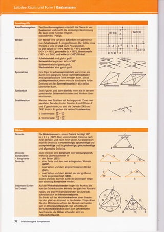 Koordinatensystem     Das Koordinatensystem untefteilt die Ebene in vier
                      Quadranten und macht die eindeutige Bestimmung
                      der Lage eines Punktes möglich.
                      Man schreibt: P(xly).
Winkel                Ein Winkel wird von zwei Schenkeln mit gemeinsa-
                      men Scheitelpunkt S eingeschlossen. Die Größe eines
                      Winkels s wird in Grad (kuz: ") angegeben.
                      Es gibt spitze (a . 90"), rcchte (q = 90"), stumpfe
                      (90"< q . 180") gestreckte (q = 180'), überstumpfe
                      (180'< s < 3601 und volle (q = 360") Winkel.

Winkelsätze           Scheitelwinkel sind gleich groß.
                      Nebenwinkel ergänzen sich zu 180".
                      Stufenwinkel sind gleich groß.




                                                                              mffi
                      Wechselwinkel sind gleich groß.

Symmetrien            Eine Figur ist achsensymmetrisch, wenn man sle
                      durch eine geeignete Achse (Symmetrieachse) in
                      zwei spiegelbildliche:Teile zerlegen kann. Sie ist
                      punktsymmetrisch, wenn man sie durch eine halbe
                      Drehung um den Symmetriepunkt in sich selbst
                      überführen kann.
ilhntictrkeit         Zwei Figuren sind dann ähnlich, wenn sie in den ent-
                      sprechenden Seitenverhältnissen und Winkeln über-
                      einstimmen.
Strahlensätze         Werden zwei Strahlen mit Anfangspunkt Z von zwei
                      parallelen Geraden in den Punkten A und B bzw. lY
                      und B'geschnitten, so sind die Dreiecke ZAB und
                      ZAB'ähnlich. Es gelten die beiden Strahlensätze:
                      1.   Strahlensatr,'#=#,
                      2. Strahlensatz,   {$ = #



Dreiecke              Die Winkelsumme in einem Dreieck beträgt 180'
                      (u + p + y =180"). Man unterscheidet Dreiecke nach
                      ihren Winkeln und nach ihren Seiten. So klassifiziert
                      man die Dreiecke in rechtwinklige, spitzwinklige und
                      stumpfwinklige und in gleichseitigg gleichschenklige




                                                                              2aa
                      und allgemeine Dreiecke.
Dreiecke              Zwei Dreiecke sind kongruent oder deckungsgleich,
konstruieren          wenn sie übereinstimmen in
- kongruente          - drei Seiten (SSS).
Dreiecke              - einer Seite und den zwei anliegenden Winkeln
                        (wsvv).
                      - zwei Seiten und dem eingeschlossenen Winkel
                           (sws).
                      -  zwei Seiten und dem Winkel, der der größeren
                         Seite gegenüberl iegt (SSW).
                      Solche Dreiecke können durch die jeweiligen Vorga-
                      ben eindeutig konstruiert werden.
Besondere Linien      Auf der Winkelhalbierenden liegen die Punkte, die
im Dreieck            von den Schenkeln des Winkels den gleichen Abstand
                      haben. Die drei Winkelhalbierenden des Dreiecks
                      schneiden sich im lnkreismittelpunkt.
                      Ein Punkt auf der Mittelsenkrechten einer Strecke
                      hat den gleichen Abstand zu den beiden Endpunkten.
                      Die drei Mittelsenkrechten des Dreiecks schneiden
                      sich im Umkreismittelpunkt. Der Schnittpunkt
                      der Seitenhalbierenden bildet den Schwerpunkt
                      des Dreiecks, die Höhen schneiden sich im
                      Höhenschnittpunkt.

32    lnhaltsbezogeneKompetenzen
 