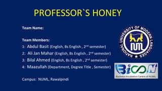 PROFESSOR`S HONEY
Team Name:
Team Members:
1: Abdul Basit (English, Bs English , 2nd semester)
2: Ali Jan Mahar (English, Bs English , 2nd semester)
3: Bilal Ahmed (English, Bs English , 2nd semester)
4: Maazullah (Department, Degree Title , Semester)
Campus: NUML, Rawalpindi
 