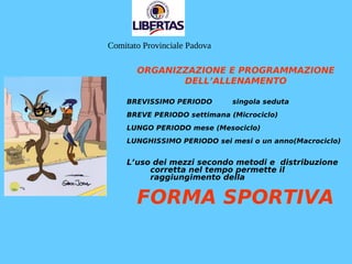 ORGANIZZAZIONE E PROGRAMMAZIONE
DELL’ALLENAMENTO
BREVISSIMO PERIODO singola seduta
BREVE PERIODO settimana (Microciclo)
LUNGO PERIODO mese (Mesociclo)
LUNGHISSIMO PERIODO sei mesi o un anno(Macrociclo)
L’uso dei mezzi secondo metodi e distribuzione
corretta nel tempo permette il
raggiungimento della
FORMA SPORTIVA
Comitato Provinciale Padova
 