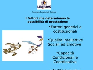 I fattori che determinano le
possibilità di prestazione
•Fattori genetici e
costituzionali
•Qualità Intellettive
Sociali ed Emotive
•Capacità
Condizionali e
Coordinative
Comitato Provinciale Padova
 