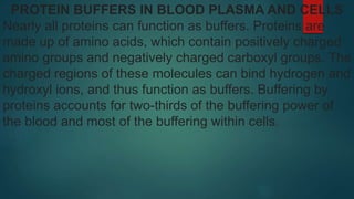 PROTEIN BUFFERS IN BLOOD PLASMA AND CELLS
Nearly all proteins can function as buffers. Proteins are
made up of amino acids, which contain positively charged
amino groups and negatively charged carboxyl groups. The
charged regions of these molecules can bind hydrogen and
hydroxyl ions, and thus function as buffers. Buffering by
proteins accounts for two-thirds of the buffering power of
the blood and most of the buffering within cells.
 