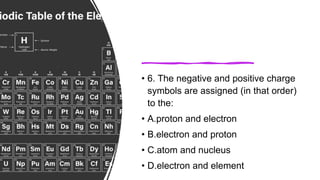 • 6. The negative and positive charge
symbols are assigned (in that order)
to the:
• A.proton and electron
• B.electron and proton
• C.atom and nucleus
• D.electron and element
 