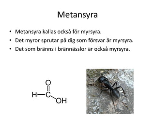 Metansyra
• Metansyra kallas också för myrsyra.
• Det myror sprutar på dig som försvar är myrsyra.
• Det som bränns i brännässlor är också myrsyra.
 