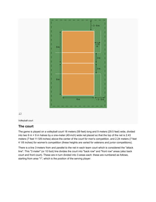 Volleyball court

The court
The game is played on a volleyball court 18 meters (59 feet) long and 9 meters (29.5 feet) wide, divided
into two 9 m × 9 m halves by a one-meter (40-inch) wide net placed so that the top of the net is 2.43
meters (7 feet 11 5/8 inches) above the center of the court for men's competition, and 2.24 meters (7 feet
4 1/8 inches) for women's competition (these heights are varied for veterans and junior competitions).

There is a line 3 meters from and parallel to the net in each team court which is considered the "attack
line". This "3 meter" (or 10 foot) line divides the court into "back row" and "front row" areas (also back
court and front court). These are in turn divided into 3 areas each: these are numbered as follows,
starting from area "1", which is the position of the serving player:
 
