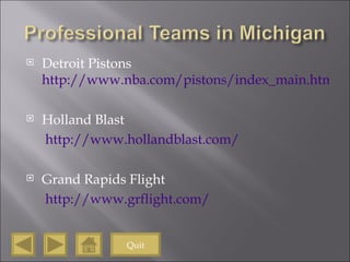 Detroit Pistons  http://www.nba.com/pistons/index_main.html Holland Blast   http://www.hollandblast.com/ Grand Rapids Flight   http://www.grflight.com/   Quit 