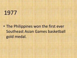1977
• The Philippines won the first ever
Southeast Asian Games basketball
gold medal.
 