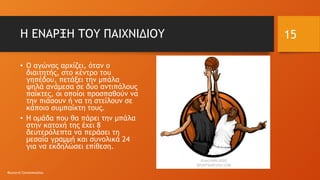 Η ΕΝΑΡΞΗ ΤΟΥ ΠΑΙΧΝΙΔΙΟΥ
• Ο αγώνας αρχίζει, όταν ο
διαιτητής, στο κέντρο του
γηπέδου, πετάξει την μπάλα
ψηλά ανάμεσα σε δύο αντιπάλους
παίκτες, οι οποίοι προσπαθούν να
την πιάσουν ή να τη στείλουν σε
κάποιο συμπαίκτη τους.
• Η ομάδα που θα πάρει την μπάλα
στην κατοχή της έχει 8
δευτερόλεπτα να περάσει τη
μεσαία γραμμή και συνολικά 24
για να εκδηλώσει επίθεση.
31/3/2020
Φωτεινή Γριτσοπούλου
15
 