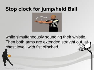Stop clock for jump/held Ball
while simultaneously sounding their whistle.
Then both arms are extended straight out, at
chest level, with fist clinched.
 