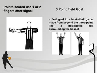 Points scored use 1 or 2
fingers after signal 3 Point Field Goal
a field goal in a basketball game
made from beyond the three-point
line, a designated arc
surrounding the basket.
 