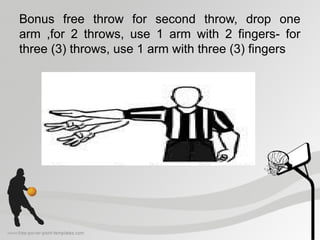 Bonus free throw for second throw, drop one
arm ,for 2 throws, use 1 arm with 2 fingers- for
three (3) throws, use 1 arm with three (3) fingers
 