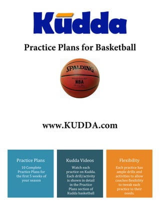 Practice	
  Plans	
  
10	
  Complete	
  
Practice	
  Plans	
  for	
  
the	
  first	
  5	
  weeks	
  of	
  
your	
  season	
  
Kudda	
  Videos	
  
Watch	
  each	
  
practice	
  on	
  Kudda.	
  
Each	
  drill/activity	
  
is	
  shown	
  in	
  detail	
  
in	
  the	
  Practice	
  
Plans	
  section	
  of	
  
Kudda	
  basketball	
  
Flexibility	
  
Each	
  practice	
  has	
  
ample	
  drills	
  and	
  
activities	
  to	
  allow	
  
coaches	
  flexibility	
  
to	
  tweak	
  each	
  
practice	
  to	
  their	
  
needs.	
  
Lorem	
  Ipsum	
  Dolor	
  
[Insert	
  Date]	
  
Practice Plans for Basketball
www.KUDDA.com
 