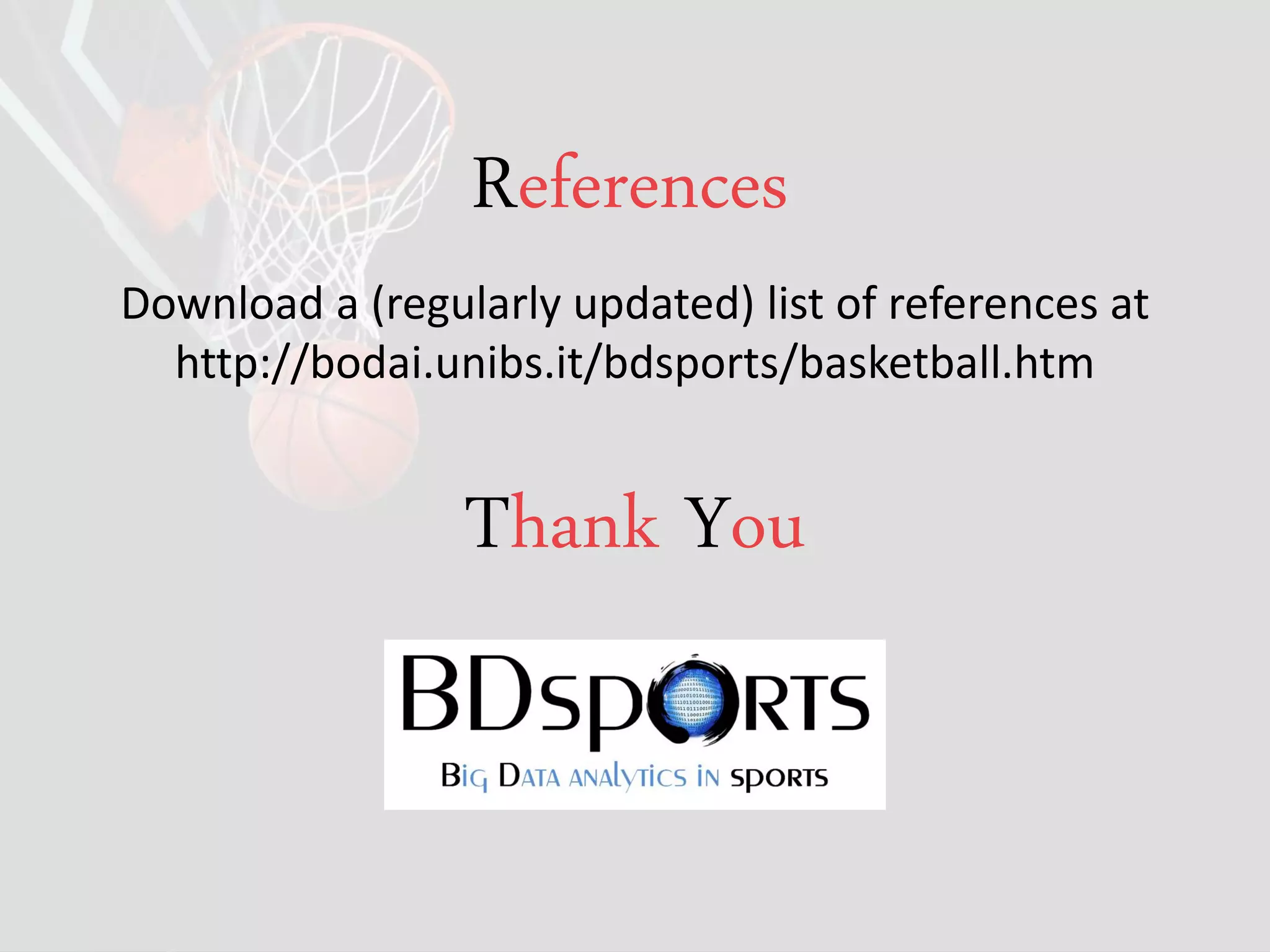 Thank You
References
Download a (regularly updated) list of references at
http://bodai.unibs.it/bdsports/basketball.htm
 
