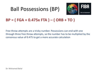 Dr. Mohamed Belal
Ball Possessions (BP)
BP = ( FGA + 0.475x FTA ) – ( ORB + TO )
Free throw attempts are a tricky number. Possessions can end with one
through three free throw attempts, so the number has to be multiplied by the
consensus value of 0.475 to get a more accurate calculation
 
