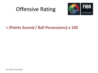 Dr. Mohamed Belal
Offensive Rating
= (Points Scored / Ball Possessions) x 100
 