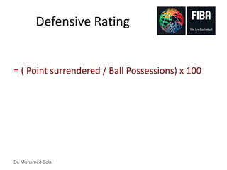 Dr. Mohamed Belal
= ( Point surrendered / Ball Possessions) x 100
Defensive Rating
 