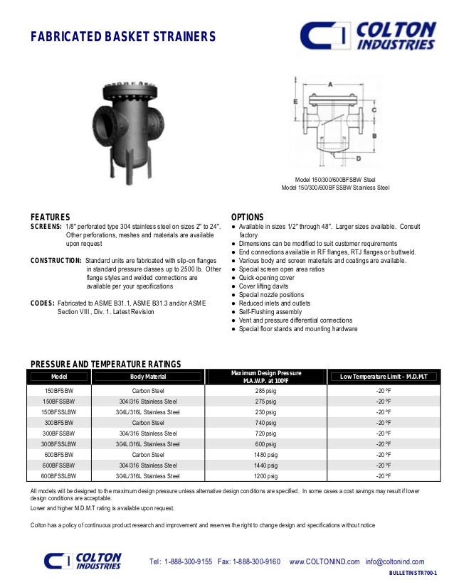 Basket strainer colton ind.