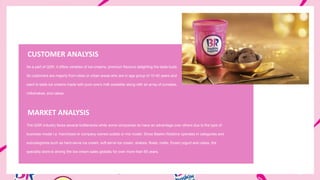 CUSTOMER ANALYSIS
As a part of QSR, it offers varieties of Ice-creams, premium flavours delighting the taste buds.
Its customers are majorly from cities or urban areas who are in age group of 10-40 years and
want to taste ice creams made with pure cow’s milk available along with an array of sundaes,
milkshakes, and cakes.
MARKET ANALYSIS
The QSR industry faces several bottlenecks while some companies do have an advantage over others due to the type of
business model i.e. franchised or company-owned outlets or mix model. Since Baskin-Robbins operates in categories and
subcategories such as hard-serve ice cream, soft serve ice cream, shakes, floats, malts, frozen yogurt and cakes, the
specialty store is driving the Ice-cream sales globally for over more than 65 years.
 