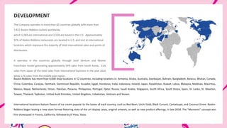 DEVELOPMENT
The Company operates in more than 60 countries globally with more than
7,822 Baskin-Robbins outlets worldwide,
which 5,284 are international and 2,538 are based in the U.S. Approximately
32% of Baskin-Robbins restaurants are located in U.S. and rest at international
locations which represent the majority of total international sales and points of
distribution.
It operates in the countries globally through Joint Venture and Master
Franchisee model generating approximately 24% sales from South Korea, 21%
sales from Japan of the total sales from international business in the year 2016
while 12% sales from the middle east region.
Baskin-Robbins has more than 8,000 shop locations in 52 countries, including locations in: Armenia, Aruba, Australia, Azerbaijan, Bahrain, Bangladesh, Belarus, Bhutan, Canada,
China, Colombia, Curaçao, Denmark, Dominican Republic, Ecuador, Egypt, Honduras, India, Indonesia, Ireland, Japan, Kazakhstan, Kuwait, Latvia, Malaysia, Maldives, Mauritius,
Mexico, Nepal, Netherlands, Oman, Pakistan, Panama, Philippines, Portugal, Qatar, Russia, Saudi Arabia, Singapore, South Africa, South Korea, Spain, Sri Lanka, St. Maarten,
Taiwan, Thailand, Tajikistan, United Arab Emirates, United Kingdom, Uzbekistan, Vietnam and Yemen.
International locations feature flavors of ice cream popular to the tastes of each country, such as Red Bean, Litchi Gold, Black Currant, Cantaloupe, and Coconut Grove. Baskin-
Robbins began testing a new store format featuring state of the art display cases, original artwork, as well as new product offerings, in late 2018. The "Moments" concept was
first showcased in Fresno, California, followed by El Paso, Texas.
 