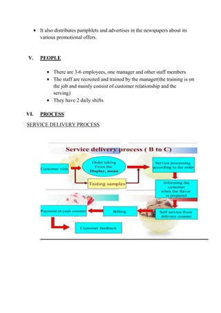It also distributes pamphlets and advertises in the newspapers about its
      various promotional offers.


V.    PEOPLE

            There are 3-6 employees, one manager and other staff members
            The staff are recruited and trained by the manager(the training is on
            the job and mainly consist of customer relationship and the
            serving)
            They have 2 daily shifts

VI.   PROCESS

SERVICE DELIVERY PROCESS
 
