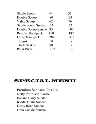 Single Scoop 44 53
Double Scoop 80 93
Value Scoop 62 76
Single Scoop Sundae 53 62
Double Scoop Sundae 93 107
Regular Handpack 160 187
Large Handpack 284 333
Tangos 58 -
Thick Shakes 98 -
Polar Pizza 267 -
SPECIAL MENU
Premium Sundaes- Rs111/-
Nutty Professor Sundae
Banana Barry Sundae
Kiddie Gems Sundae
Dusty Road Sundae
Oreo Cookie Sundae
 
