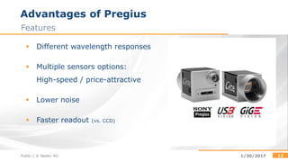Public | © Basler AG 12
 Different wavelength responses
 Multiple sensors options:
High-speed / price-attractive
 Lower noise
 Faster readout (vs. CCD)
1/30/2017
Advantages of Pregius
Features
 