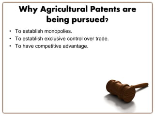 Why Agricultural Patents are 
being pursued? 
• To establish monopolies. 
• To establish exclusive control over trade. 
• To have competitive advantage. 
 