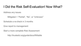 I Did the Risk Self-Evaluation! Now What?
Address any issues
Mitigated = “Partial”, “No”, or “Unknown”
Schedule a re-check...