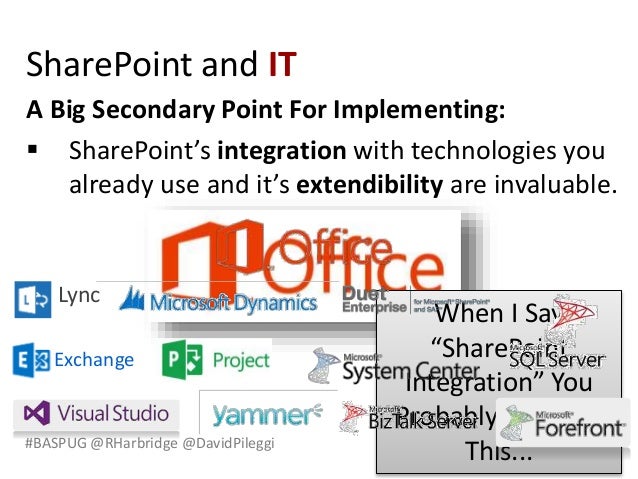 #BASPUG @RHarbridge @DavidPileggi
When I Say
“SharePoint
Integration” You
Probably Think Of
This...
A Big Secondary Point For Implementing:
 SharePoint’s integration with technologies you
already use and it’s extendibility are invaluable.
SharePoint and IT
Exchange
Lync
 