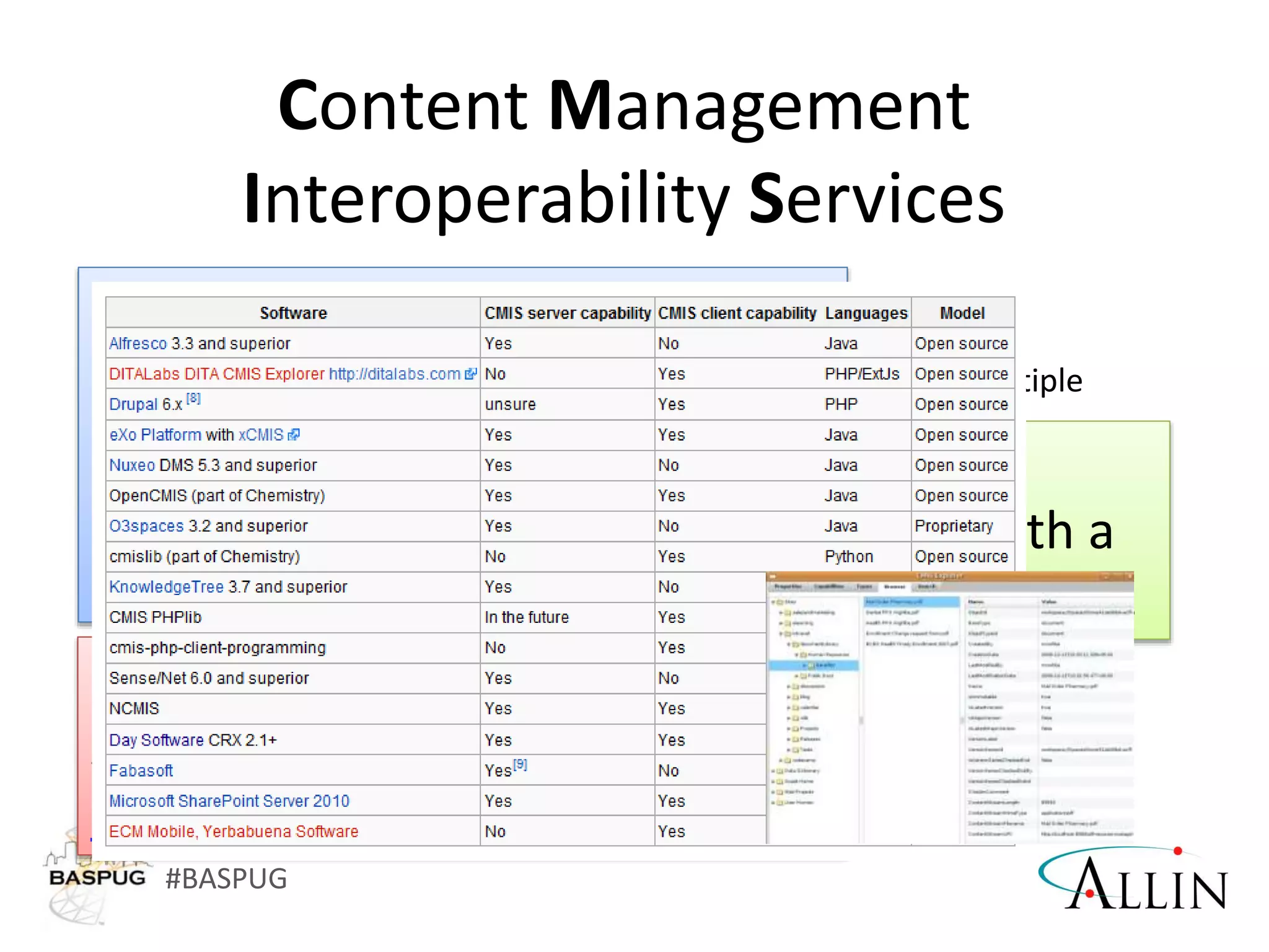 #BASPUG
Content Management
Interoperability Services
 CMIS specification provides a Web services interface that:
 Is designed to work over existing repositories enabling
customers to build and leverage applications against multiple
repositories—unlocking content they already have
 Decouples Web services and content from the content
management repository, enabling customers to manage
content independently
 Provides common Web services and Web 2.0 interfaces to
dramatically simplify application development
 Is development platform and language agnostic
 Supports composite application development and mash-up by
the business or IT analyst
A platform that allows you to
build against multiple
technologies without knowing
anything about how all the API’s
work. (If you know CMIS.)
Microsoft has been
implementing this from both a
client and provider perspective.
Not available “in the box”.
Available via
SharePoint Admin Toolkit
 