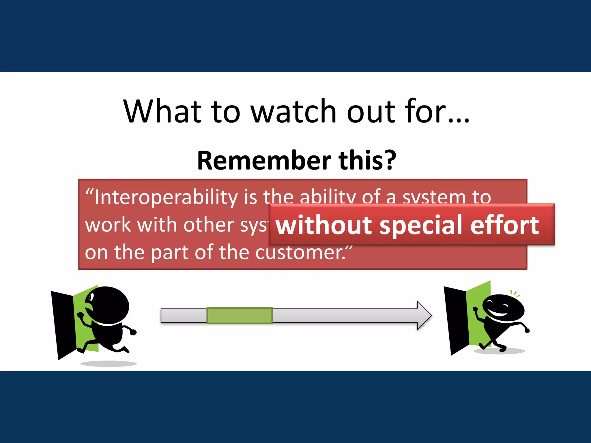 What to watch out for…
Remember this?
“Interoperability is the ability of a system to
work with other systems without special effort
on the part of the customer.”
without special effort
 