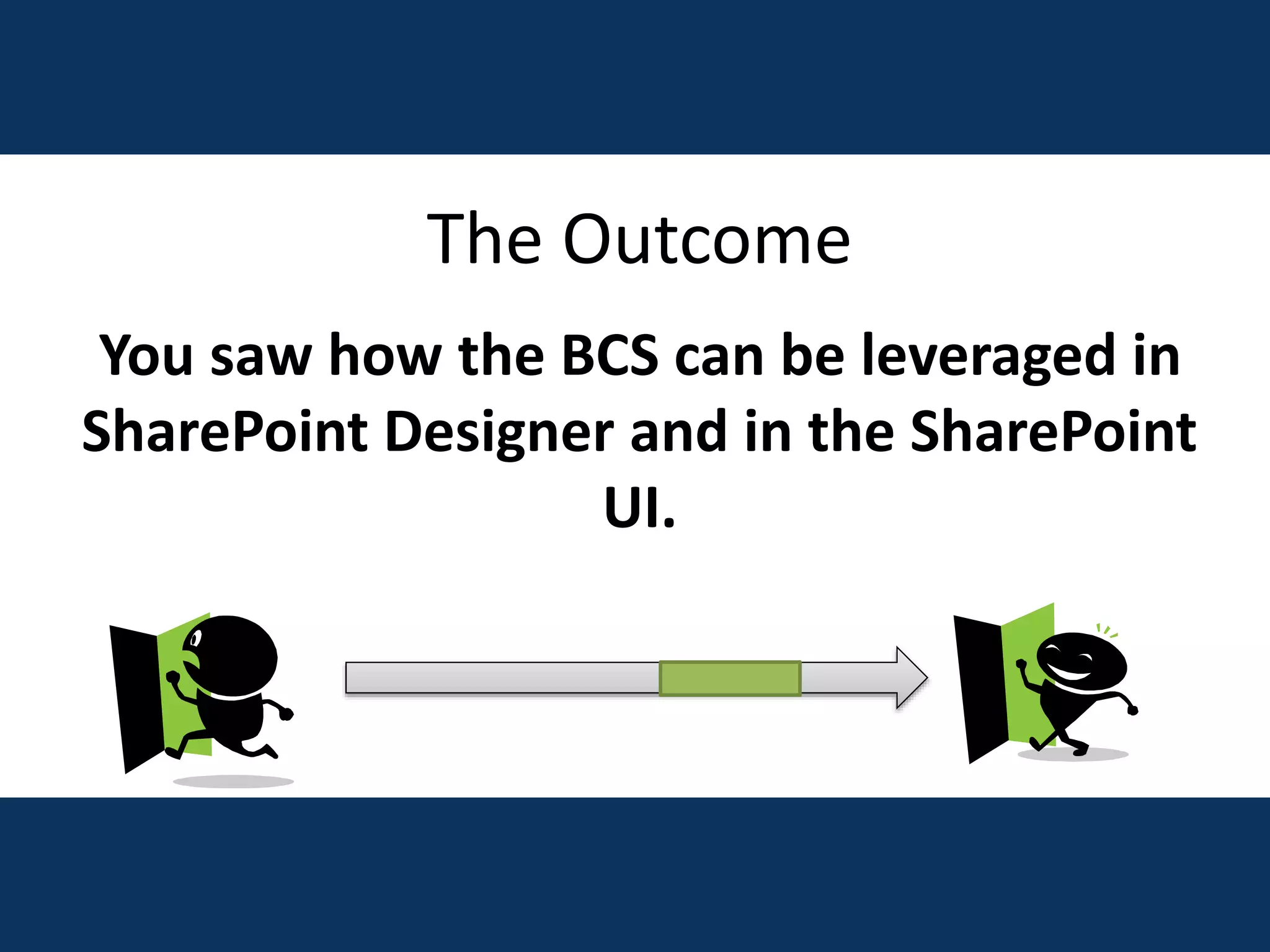 The Outcome
You saw how the BCS can be leveraged in
SharePoint Designer and in the SharePoint
UI.
 