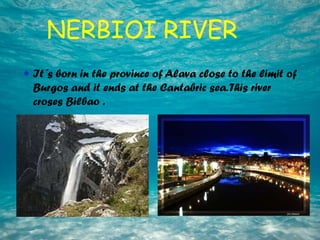 NERBIOI RIVER
 It´s born in the province of Alava close to the limit of
Burgos and it ends at the Cantabric sea.This river
croses Bilbao .
 