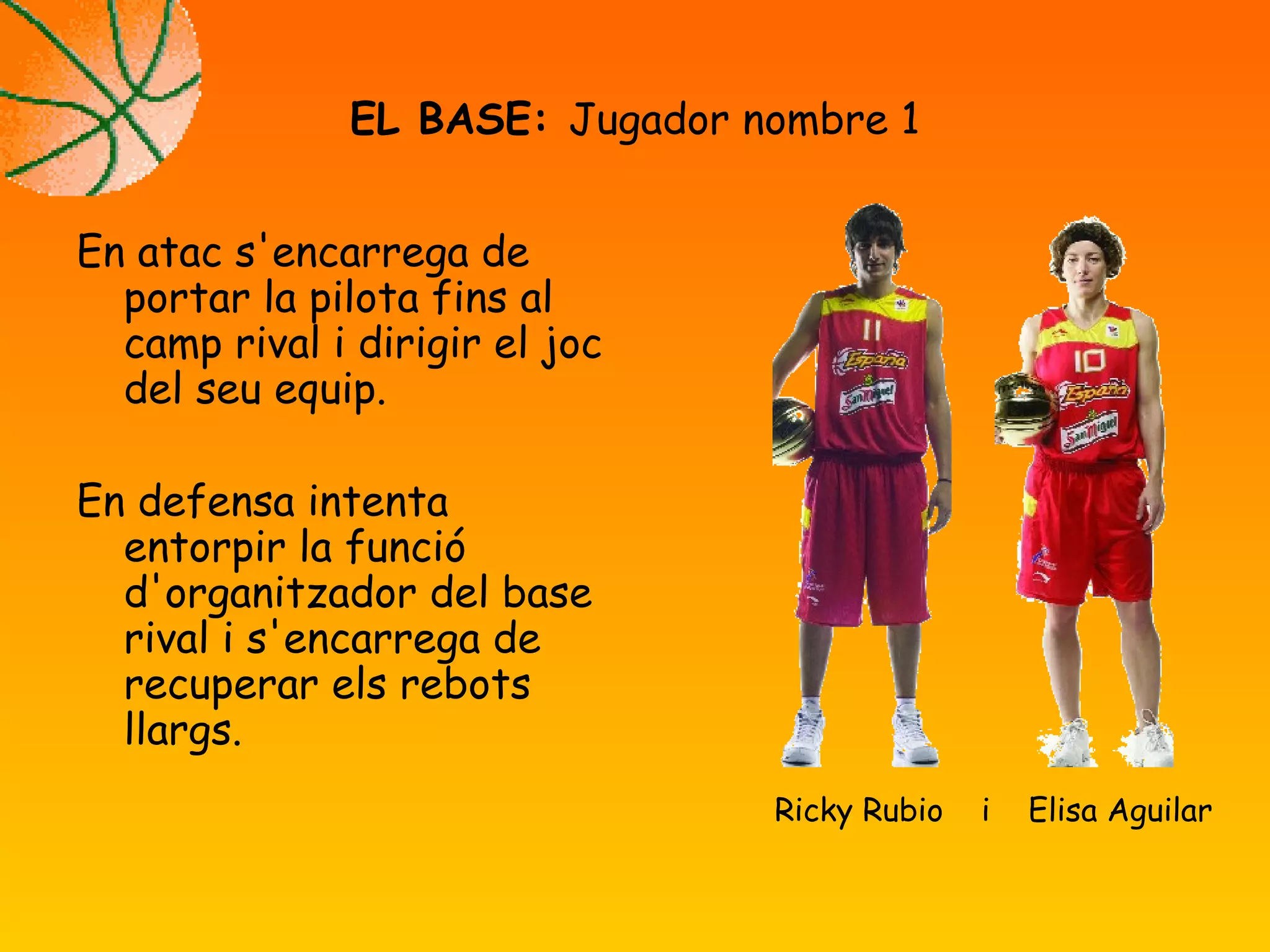 En atac s'encarrega de
portar la pilota fins al
camp rival i dirigir el joc
del seu equip.
En defensa intenta
entorpir la funció
d'organitzador del base
rival i s'encarrega de
recuperar els rebots
llargs.
EL BASE: Jugador nombre 1
Ricky Rubio i Elisa Aguilar
 