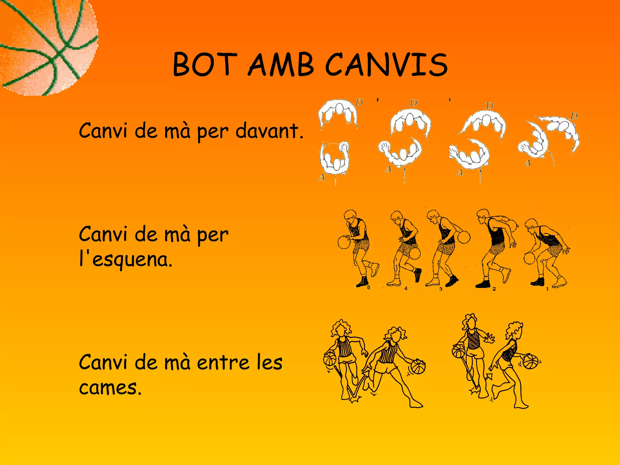 BOT AMB CANVIS
Canvi de mà per davant.
Canvi de mà per
l'esquena.
Canvi de mà entre les
cames.
 