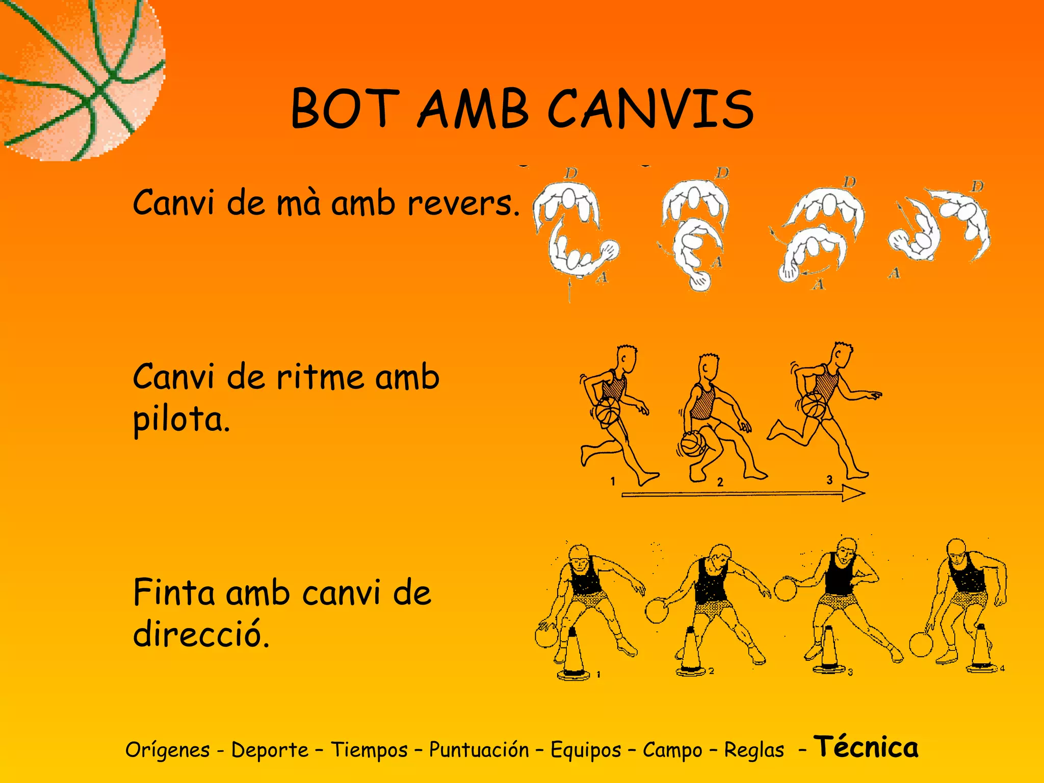 Orígenes - Deporte – Tiempos – Puntuación – Equipos – Campo – Reglas – Técnica
BOT AMB CANVIS
Canvi de mà amb revers.
Canvi de ritme amb
pilota.
Finta amb canvi de
direcció.
 