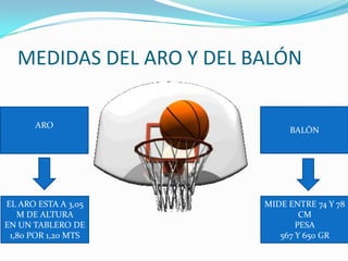 MEDIDAS DEL ARO Y DEL BALÓN
ARO

EL ARO ESTA A 3,05
M DE ALTURA
EN UN TABLERO DE
1,80 POR 1,20 MTS

BALÓN

MIDE ENTRE 74 Y 78
CM
PESA
567 Y 650 GR

 