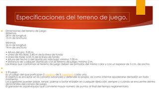 Especificaciones del terreno de juego.
 Dimensiones del terreno de juego.
Máximas
28 m de longitud
15 m de anchura
Mínimas
26 m de longitud
14 m de anchura
• Altura del aro: 3.05 m
• Línea de tiro libre: 5,80 m de la línea de fondo
• Línea de triple: 6,25 m de la línea de fondo
• Altura del techo o del obstáculo más bajo: mínimo 7.00 m.
• Distancia de cualquier obstáculo con el terreno de juego: mínimo 2 m.
Las líneas que conforman el terreno de juego deben ser pintadas del mismo color y con un espesor de 5 cm. de ancho.

 • El juego
Es un juego del que participan 2 equipos de 5 jugadores cada uno.
El objetivo es encestar en la canasta adversaria y defender la propia, así como intentar apoderarse del balón en todo
momento.
Los jugadores pueden pasar, lanzar, palmar o botar el balón en cualquier dirección, siempre y cuando se encuentre dentro
de los límites del campo de juego.
El ganador es aquel equipo que convierte mayor número de puntos al final del tiempo reglamentario.
 