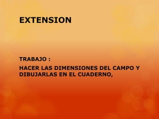 EXTENSION

TRABAJO :
HACER LAS DIMENSIONES DEL CAMPO Y
DIBUJARLAS EN EL CUADERNO,

 