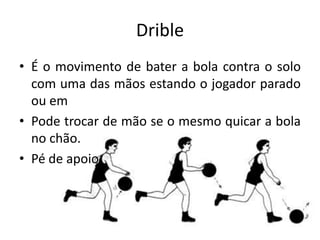 Drible
• É o movimento de bater a bola contra o solo
com uma das mãos estando o jogador parado
ou em
• Pode trocar de mão se o mesmo quicar a bola
no chão.
• Pé de apoio.
 