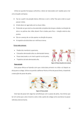 13
Utiliza-se quando há espaço suficiente, e deve ser executado com rapidez para criar
uma situação vantajosa.
 Faz-se a partir da posição básica ofensiva e com o olhar fixo para onde se quer
passar a bola;
 A bola deve ser agarrada com as duas mãos;
 Pretende-se que ocorra uma extensão completa dos braços e dedos na direção do
alvo e as palmas das mãos devem ficar viradas para fora – rotação externa dos
pulsos;
 Dá-se o avanço de um dos apoios na direção do passe;
 A trajetória da bola deve ser retilínea e tensa.
Erros mais comuns:
 Flexão dos membros superiores;
 Cotovelos demasiado altos ou demasiado baixos;
 Passe executado a um nível superior ao do peito;
 Trajetória da bola demasiado alta.
Passe picado
Este passe efetua-se fazendo com que a bola bata primeiro no chão e só depois se
dirija para o colega. Utiliza-se quando o defensor fecha a linha de passe direto, impedindo
a execução de passe de peito.
Este tipo de passe tem algumas semelhanças com o passe de peito, mas temos que
ter em conta que o alvo inicial é o solo e não o peito do colega como acontecia no passe
referido anteriormente.
Figura 14 Passe de peito erros comuns
Figura 15 Passe picado
 