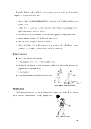 14
O ressalto da bola terá um objetivo comum ao do passe de peito, isto é, a mão do
colega ou as zonas próximas do peito.
 Faz-se a partir da posição básica ofensiva e com o olhar fixo para onde se quer
passar a bola;
 A bola deve ser agarrada com as duas mãos à altura do peito, dedos para cima,
polegares na parte posterior da bola;
 Dá-se a extensão dos membros superiores na direção do solo e para a frente;
 A bola ressalta no solo a 2/3 da distância a percorrer;
 Um dos apoios avança na direção do passe;
 Ocorre a rotação externa dos pulsos, ou seja, as palmas das mãos ficam viradas
para fora e os polegares a apontar para dentro e para baixo;
Erros mais comuns
 Flexão dos membros superiores;
 Cotovelos demasiado altos ou demasiado baixos;
 O ressalto da bola no chão é demasiado próximo ou demasiado afastado do
jogador que realiza a receção;
 Pés paralelos;
 Passe executado a um nível superior do peito.
Passe de ombro
É utilizado nas situações em que é necessário um passe mais longo. É um tipo de
passe com uma trajetória tensa, ou seja, não faz arco.
Figura 16 Passe picado erros comum
Figura 17 Passe de ombro
 