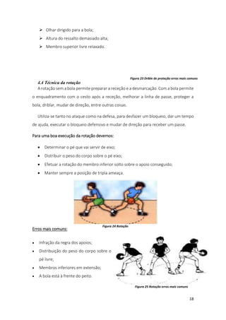 18
 Olhar dirigido para a bola;
 Altura do ressalto demasiado alta;
 Membro superior livre relaxado.
4.4 Técnica da rotação
A rotação sem a bola permite preparar a receção e a desmarcação. Com a bola permite
o enquadramento com o cesto após a receção, melhorar a linha de passe, proteger a
bola, driblar, mudar de direção, entre outras coisas.
Utiliza-se tanto no ataque como na defesa, para desfazer um bloqueio, dar um tempo
de ajuda, executar o bloqueio defensivo e mudar de direção para receber um passe.
Para uma boa execução da rotação devemos:
 Determinar o pé que vai servir de eixo;
 Distribuir o peso do corpo sobre o pé eixo;
 Efetuar a rotação do membro inferior solto sobre o apoio conseguido;
 Manter sempre a posição de tripla ameaça.
Erros mais comuns:
 Infração da regra dos apoios;
 Distribuição do peso do corpo sobre o
pé livre;
 Membros inferiores em extensão;
 A bola está à frente do peito.
Figura 23 Drible de proteção erros mais comuns
Figura 24 Rotação
Figura 25 Rotação erros mais comuns
 
