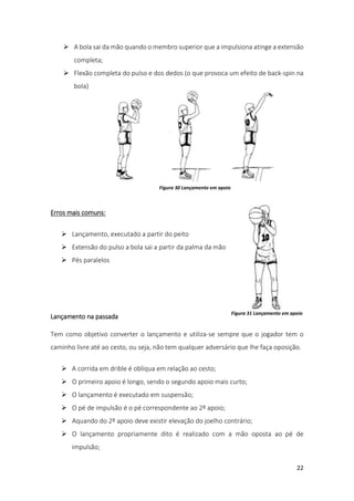 22
 A bola sai da mão quando o membro superior que a impulsiona atinge a extensão
completa;
 Flexão completa do pulso e dos dedos (o que provoca um efeito de back-spin na
bola)
Erros mais comuns:
 Lançamento, executado a partir do peito
 Extensão do pulso a bola sai a partir da palma da mão
 Pés paralelos
Lançamento na passada
Tem como objetivo converter o lançamento e utiliza-se sempre que o jogador tem o
caminho livre até ao cesto, ou seja, não tem qualquer adversário que lhe faça oposição.
 A corrida em drible é oblíqua em relação ao cesto;
 O primeiro apoio é longo, sendo o segundo apoio mais curto;
 O lançamento é executado em suspensão;
 O pé de impulsão é o pé correspondente ao 2º apoio;
 Aquando do 2º apoio deve existir elevação do joelho contrário;
 O lançamento propriamente dito é realizado com a mão oposta ao pé de
impulsão;
Figura 30 Lançamento em apoio
Figura 31 Lançamento em apoio
 