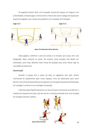 26
Os jogadores devem fazer uma ocupação racional do espaço, em largura e em
profundidade, evitando jogar a menos de dois metros dos outros colegas de equipa (em
especial do jogador com a bola), para poderem criar situações de finalização.
Jogo 3 x 3 Jogo 5 x 5
Cada jogador, conforme a zona do campo e as funções que ocupa, tem uma
designação: Base, extremo ou poste. No entanto, estas posições não devem ser
entendidas como fixas, devendo haver trocas de posições para assim tentar fugir às
marcações do adversário.
Desmarcação
Quando a equipa tem a posse de bola, os jogadores sem bola, devem
movimentar-se rapidamente para novos espaços, livres de adversários para assim
abrirem mais linhas de passe ofensivo e poderem criar situações favoráveis de finalização,
em vantagem numérica ou em vantagem de posição.
A desmarcação (Fig.40) representa um dos principais movimentos que definem o
trabalho do atacante sem bola, este tem de ter a iniciativa tentando criar uma situação
de vantagem perante o defesa.
Figura 37 Fundamentos táticos ofensivos
Figura 38 Desmarcação
 