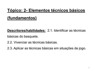 Tópico: 2- Elementos técnicos básicos
(fundamentos)
Descritores/habilidades: 2.1. Identificar as técnicas
básicas do basquete.
2.2. Vivenciar as técnicas básicas.
2.3. Aplicar as técnicas básicas em situações de jogo.
8
 