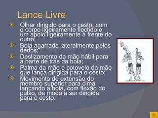 Lance Livre Olhar dirigido para o cesto, com o corpo ligeiramente flectido e um apoio ligeiramente à frente do outro; Bola agarrada lateralmente pelos dedos; Deslizamento da mão hábil para a parte de trás da bola; Palma da mão e cotovelo da mão que lança dirigida para o cesto; Movimento de extensão do membro superior para cima lançando a bola, com flexão do pulso, de modo a ser dirigida para o cesto. 