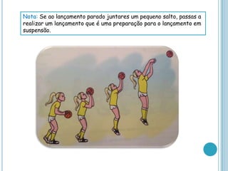 Nota: Se ao lançamento parado juntares um pequeno salto, passas a
realizar um lançamento que é uma preparação para o lançamento em
suspensão.
 